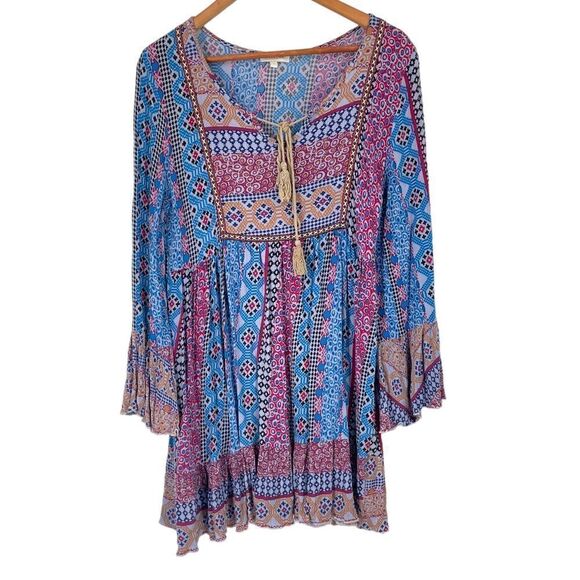 Velzera Bohemian Multicolor Front Tassel Tie Bell Flare Sleeve Mini Dress Small - Picture 2 of 6